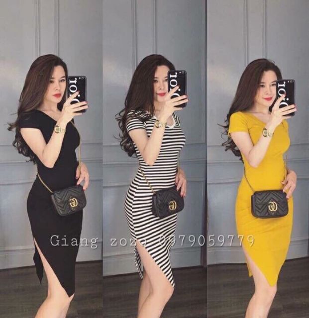 Váy ôm body xẻ cạnh cổ tròn
