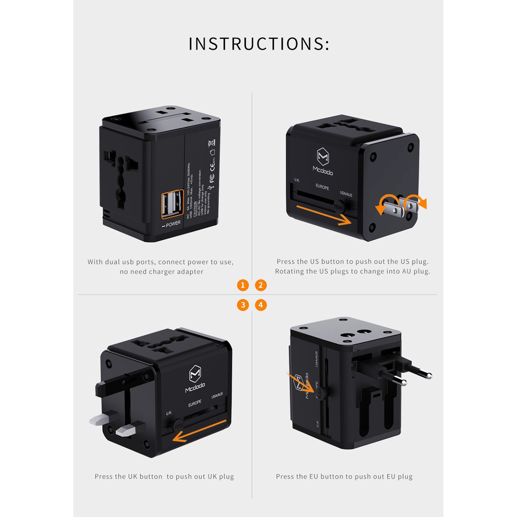 Củ sạc Mcdodo giắc cắm tiêu chuẩn US UK AU EU có chứng nhận CE RoHS FCC sử dụng toàn cầu tiện lợi