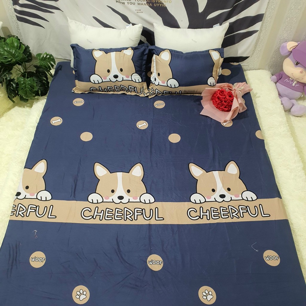 Set 4 Chăn Hè Trần Bông Kèm Ga Gối Poly Cotton Mẫu CÚN CHEERFUL XANH BIỂN