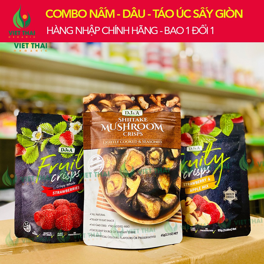 Combo 3 loại củ quả sấy giòn DJ&A Úc ( Nấm Hương, Dâu tây, Táo ) thơm giòn, chua ngọt cực ngon