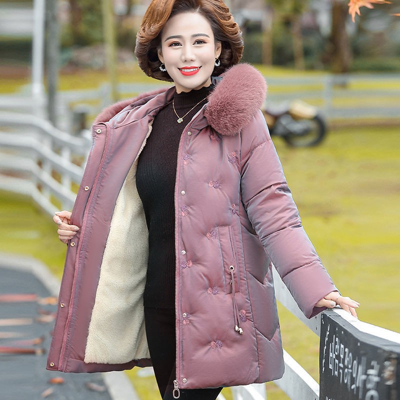 Áo khoác dáng dài độn cotton lót lông cừu thời trang thanh lịch dành cho phụ nữ trung niên