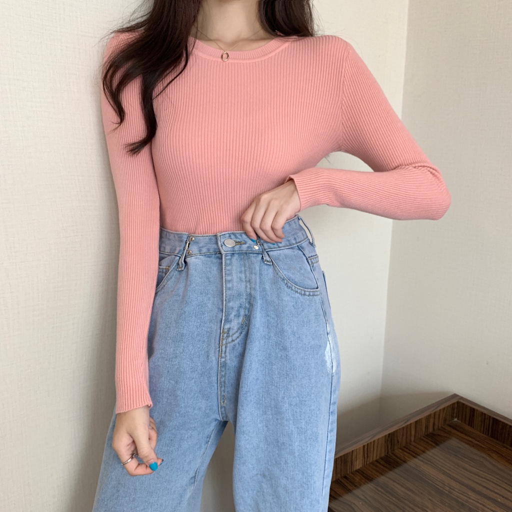 Áo Len Tay Dài Cổ Tròn Màu Sắc Đơn Giản