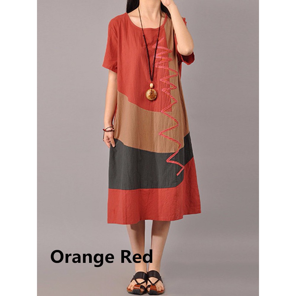 Đầm cổ tròn ngắn tay dáng dài rộng thời trang nữ vintage | BigBuy360 - bigbuy360.vn