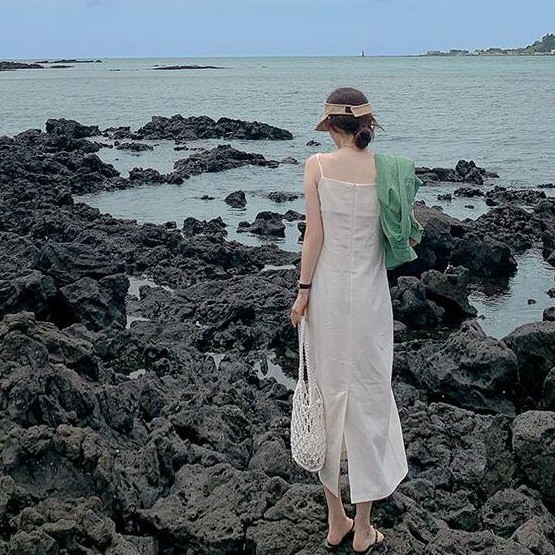 Trang phục peppermint 44982 áo sơ mi tay dài dáng rộng màu xanh lá cột dây/ đầm dài phong cách mới