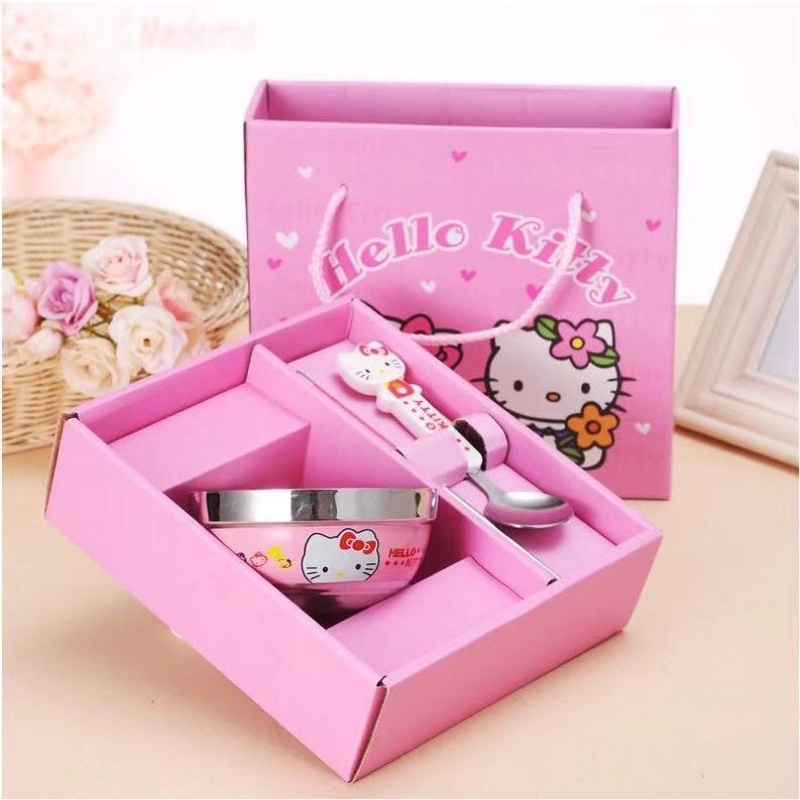 Hộp quà dụng cụ ăn uống bằng inox cho bé Hello Kitty/ Doraemon/ Gấu Pooh