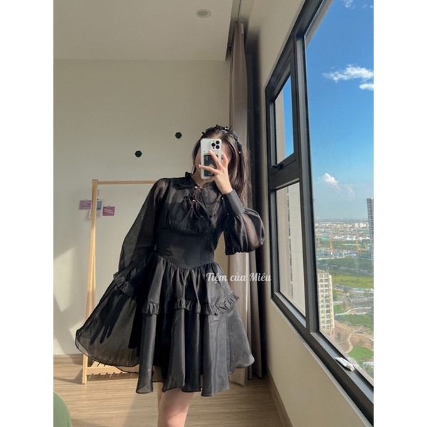 [𝗣𝗲𝗼𝗻𝘆 𝗱𝗿𝗲𝘀𝘀] Váy liền cổ V dài tay chân váy tầng tiểu thư