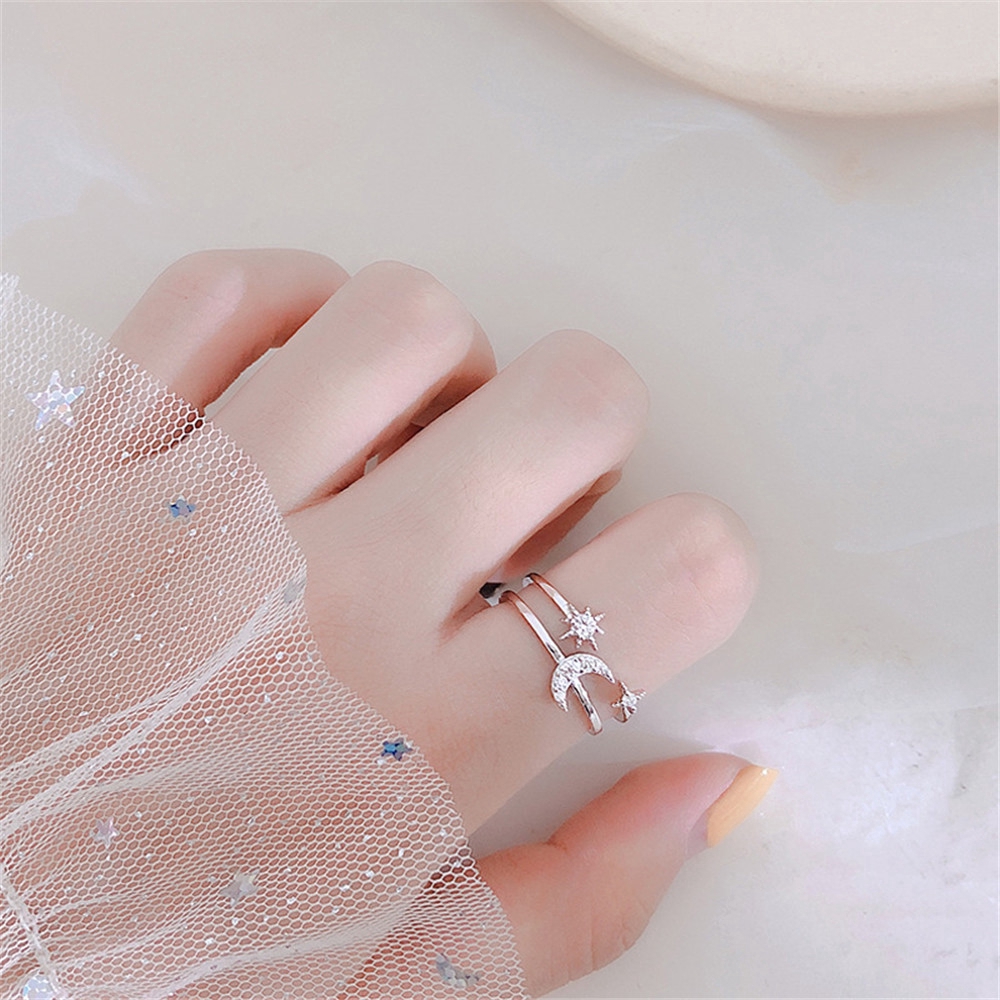 Nhẫn hở hai lớp họa tiết hình mặt trăng ngôi sao thanh lịch cho nữ