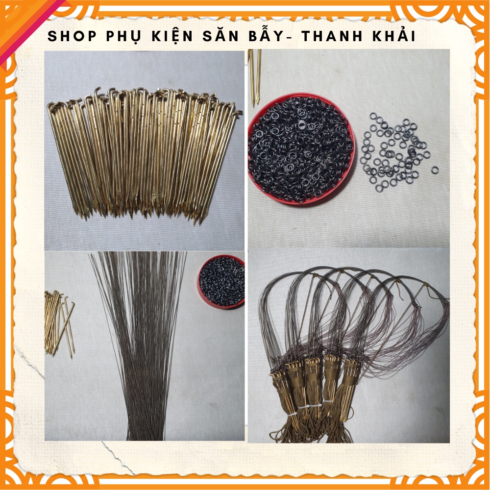 Phụ kiện làm giò bẫy gà gồm 20 sợi cáp 20 khoen đúc 20 chân đồng khoan 3 lỗ