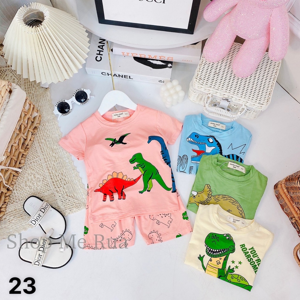 Đồ bộ thun cộc tay cho bé trai bé gái hình khủng long hàng Minky mom, cả bộ áo quần ,CT12, bé 9-32kg