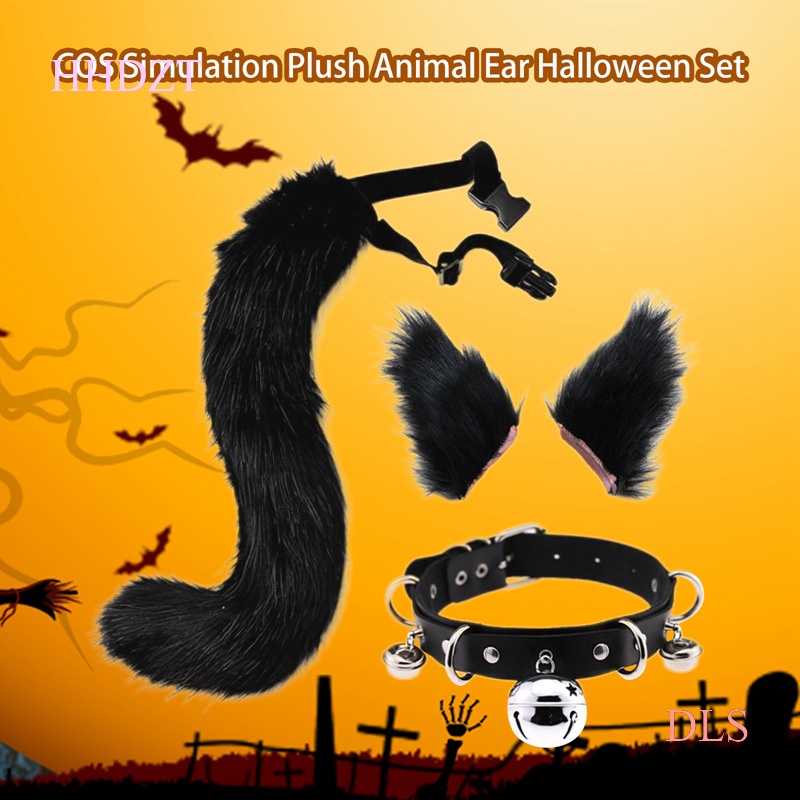 Bộ Vòng Cổ + Cài Tóc Giả Da Đính Tai Mèo & Sói Hóa Trang Halloween