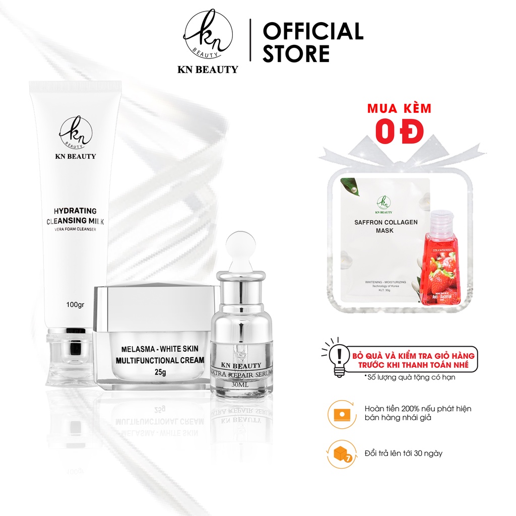 Combo 3 bước Ngừa Nám Trắng Da KN Beauty Kem dưỡng + Serum + Sữa rửa mặt tặng mặt nạ safron + gel rửa tay