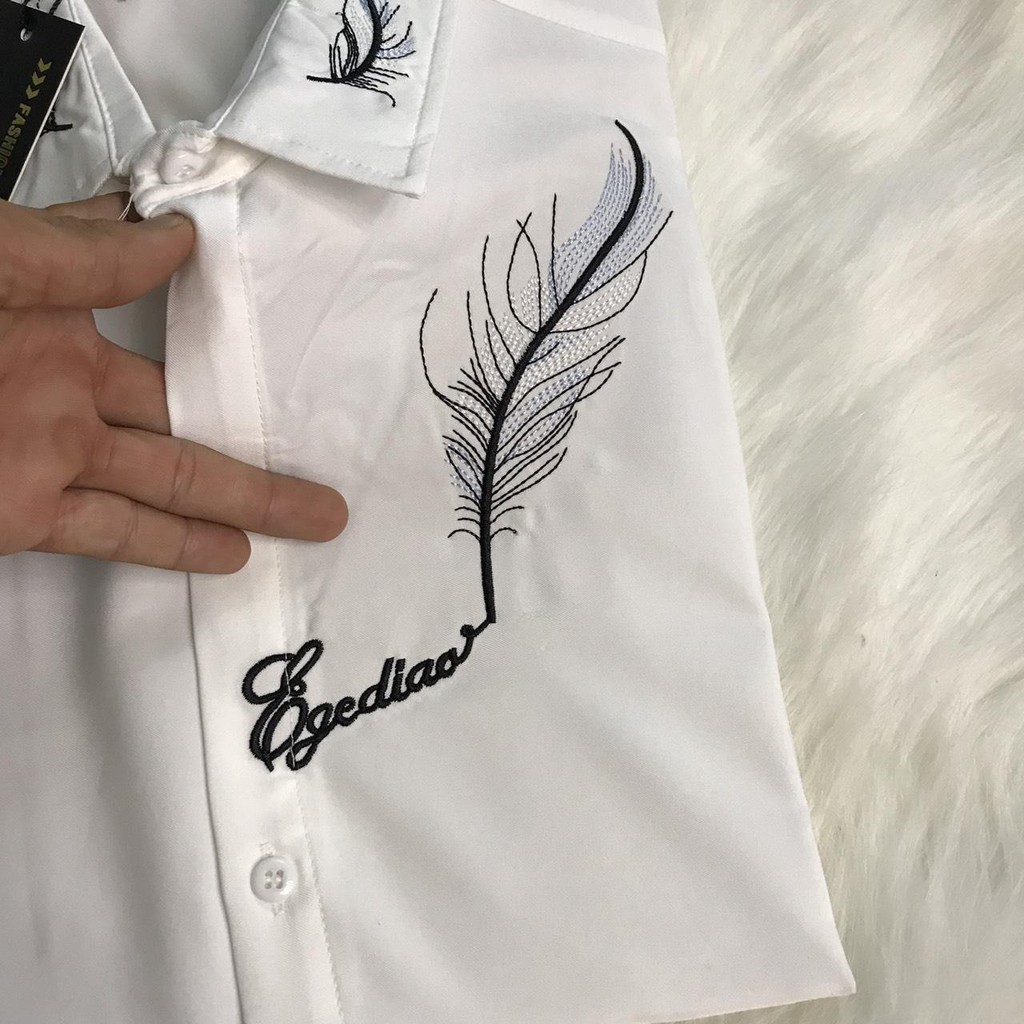 Áo sơ mi nam thêu vải đẹp thoáng mát cao cấp chiếc lá thời trang