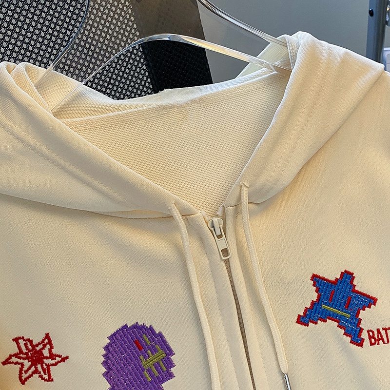 Áo khoác ZHELIHANGFEI có mũ trùm đầu tay dài dáng rộng thêu họa tiết ngọt ngào