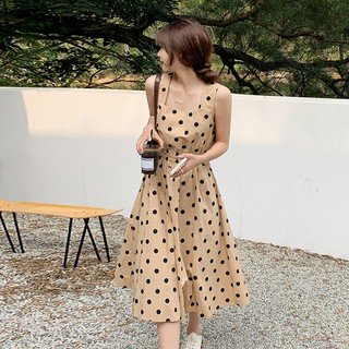 (ORDER) Váy hai dây chấm bi vải thô xòe thun eo vintage đơn giản  Hàn Quốc (HÀNG_MỚI_VỀ)