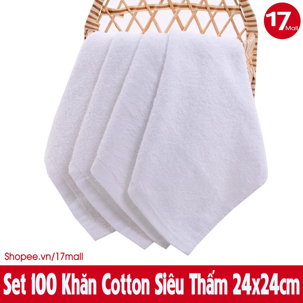 Set 100 khăn lau siêu thấm, khăn cotton dùng trong bệnh viện, lau tay, lau xe, nhà bếp, quán ăn size 24x24cm trắng