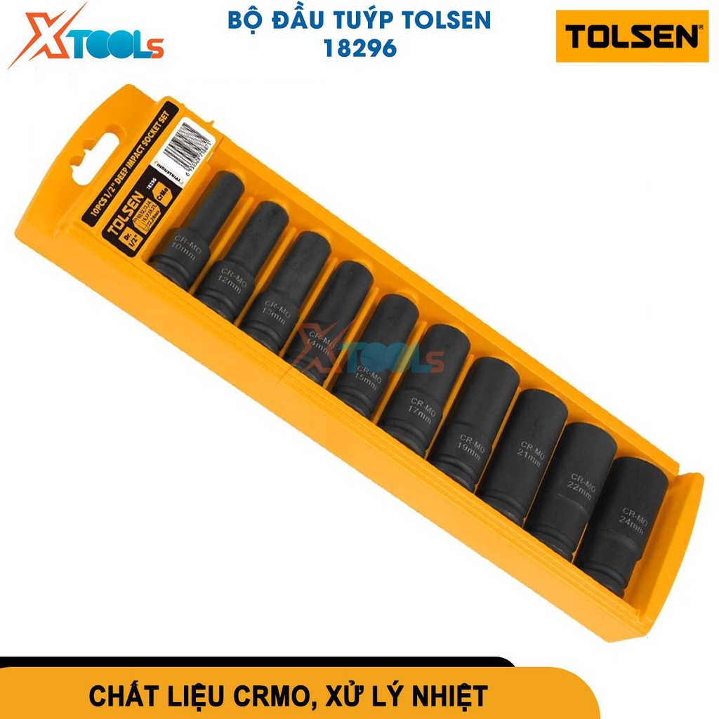 Bộ 10 cái đầu tuýp 1/2'' loại dài Tolsen 18296, thép CR-MO cao cấp xử lý nhiệt, chuyên dụng cho vặn [CHÍNH HÃNG][XTOOLS]