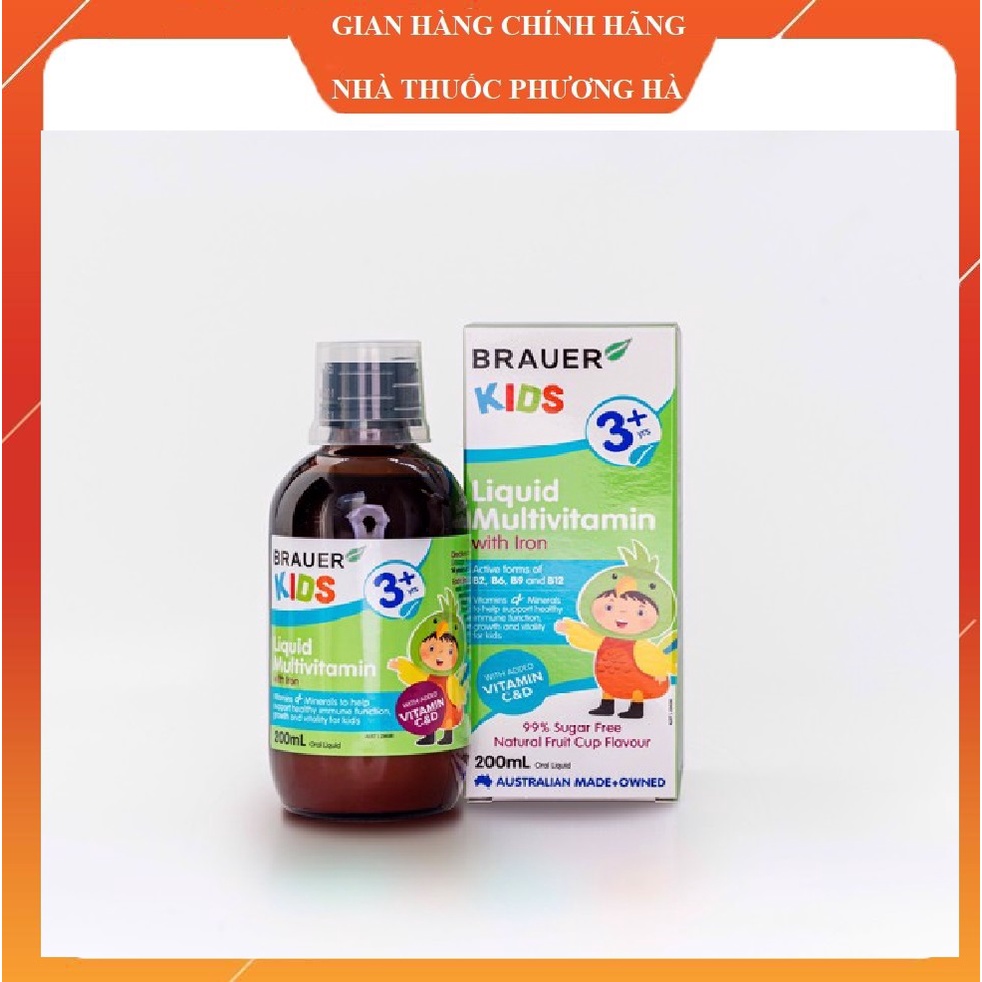Vitamin tổng Hợp bổ sung thêm sắt  Brauer Liquid Multivitamin with iron  cho trẻ từ 3 tuổi chai 200ml