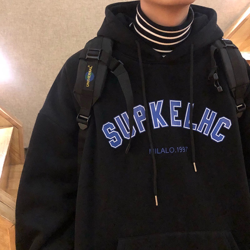 Áo hoodie tay dài lót nhung dày dặn in chữ phong cách Hàn Quốc thời trang mùa đông cho nam size M-5XL