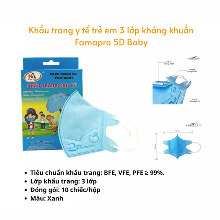 Khẩu trang trẻ em, Hộp 10 khẩu trang kháng khuẩn 5D cho bé 2-7 tuổi bảo vệ đường hô hấp của bé BBShine - M012