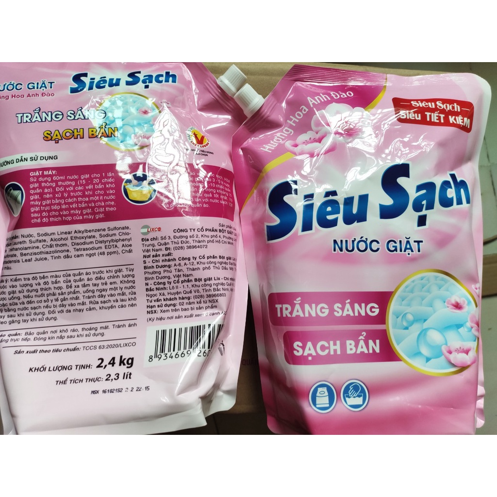 Túi Nước Giặt Siêu Sạch Hương Hoa Anh Đào 2,4kg