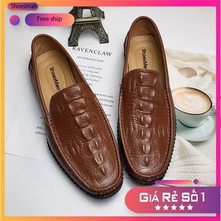 Giày Lười Nam Vân Cá Sấu Da Thật 100% - Màu Nâu