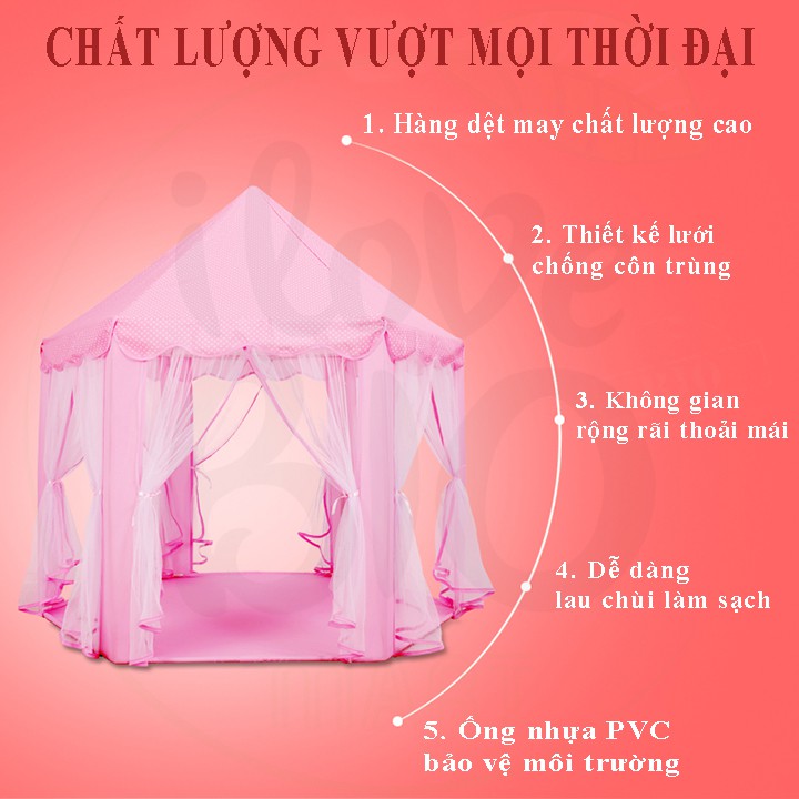 Lều công chúa hoàng tử cho bé trai bé gái lục giác 6 cửa chống muỗi kèm bóng đèn nháy loại to hồng xanh - Q025