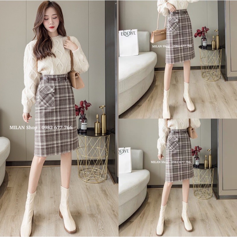 Chân váy dạ dài kẻ kèm đai túi hộp nhiều màu trẻ | BigBuy360 - bigbuy360.vn