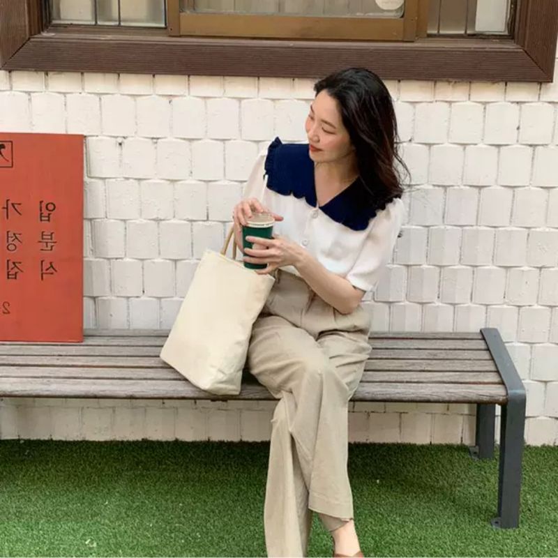 áo sơ mi cổ bèo phối màu tiểu thư ảnh thật