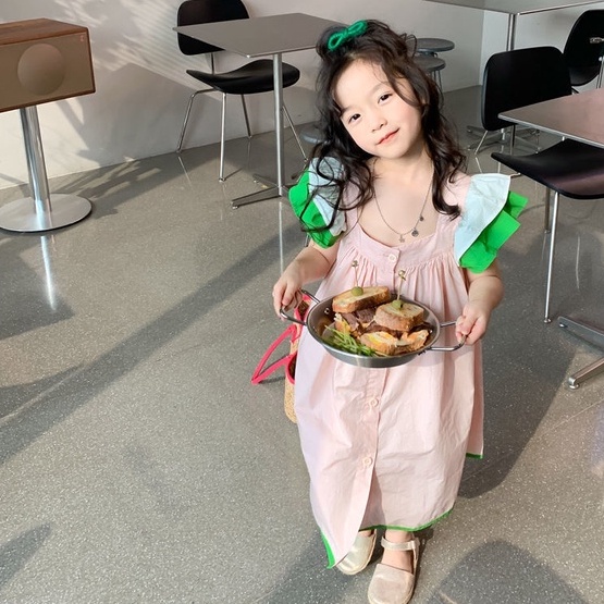 Đầm Tay Cánh Sen Cổ Vuông Hai Lớp Màu Trơn Phong Cách Hàn Quốc Dễ Thương Cho Bé Gái