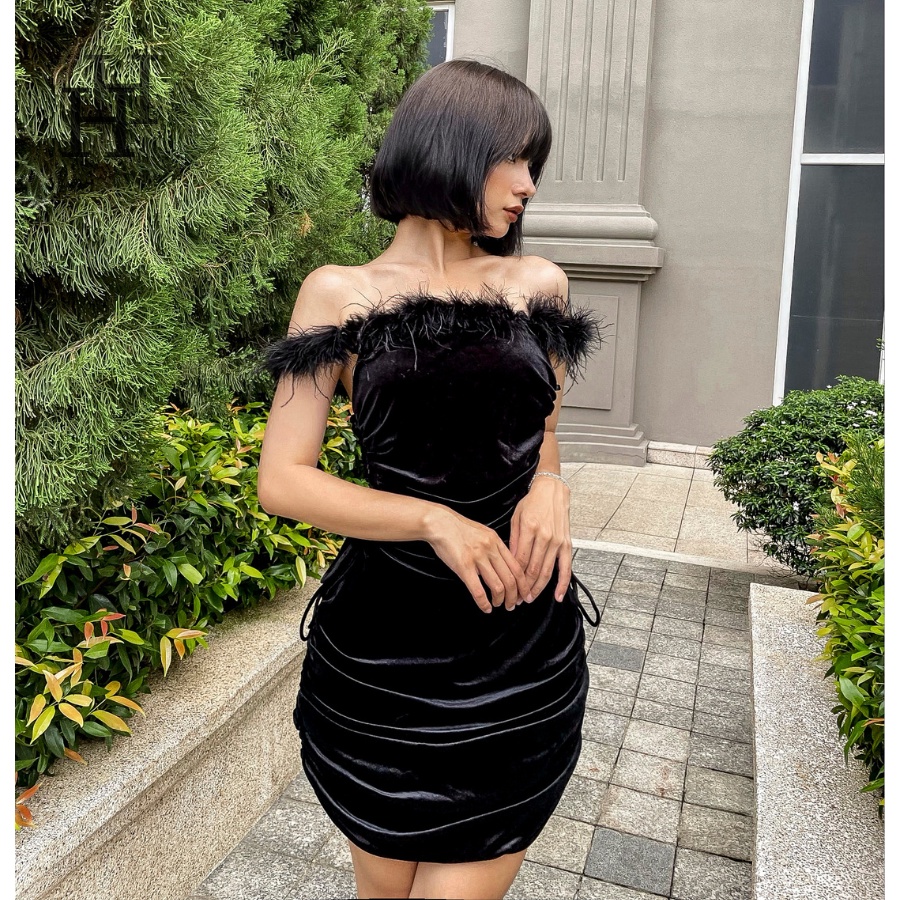 Đầm bẹt vai đen viền lông vũ nhún thun HDT279 Hỉn Hỉn Store