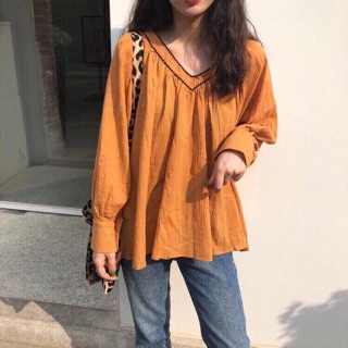 Áo baby doll cam cổ V