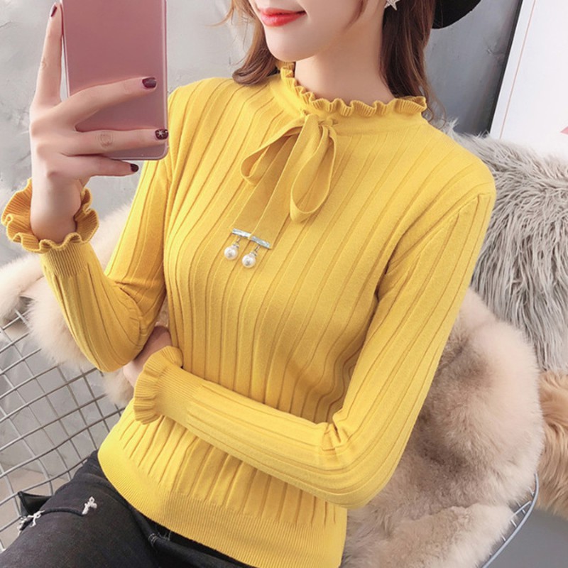 Áo dệt kim nữ cổ lọ tay dài dáng ôm màu trơn