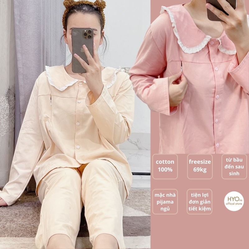 Bộ bầu sau sinh ren cổ mặc nhà Thu Đông có khóa giọt lệ cao cấp