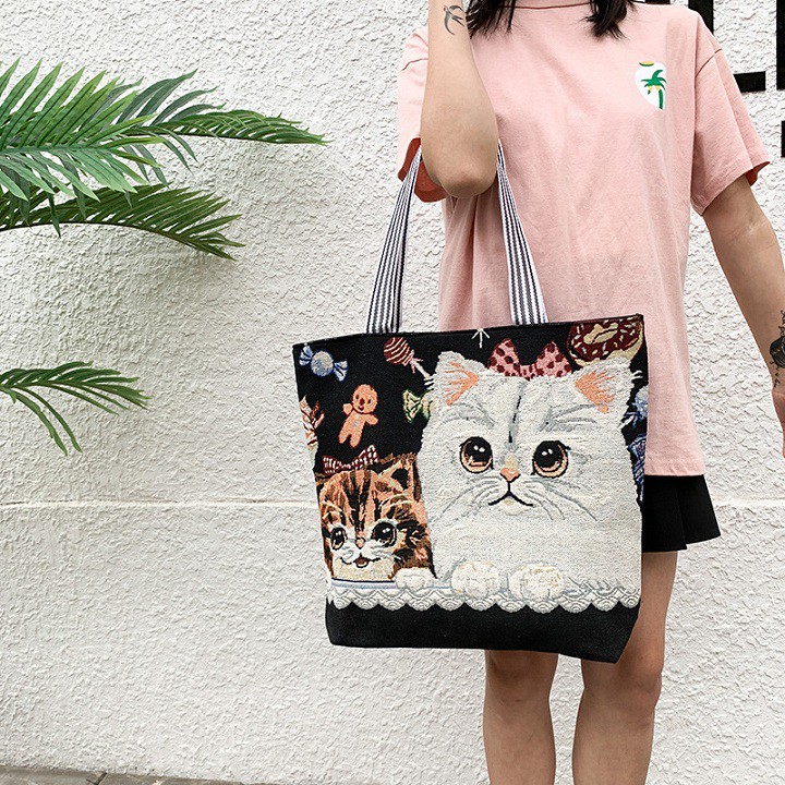 Túi Tote Nữ Vải Canvas Thêu Hình Mèo Phong Cách Hàn Quốc Đựng Được Laptop  GN11