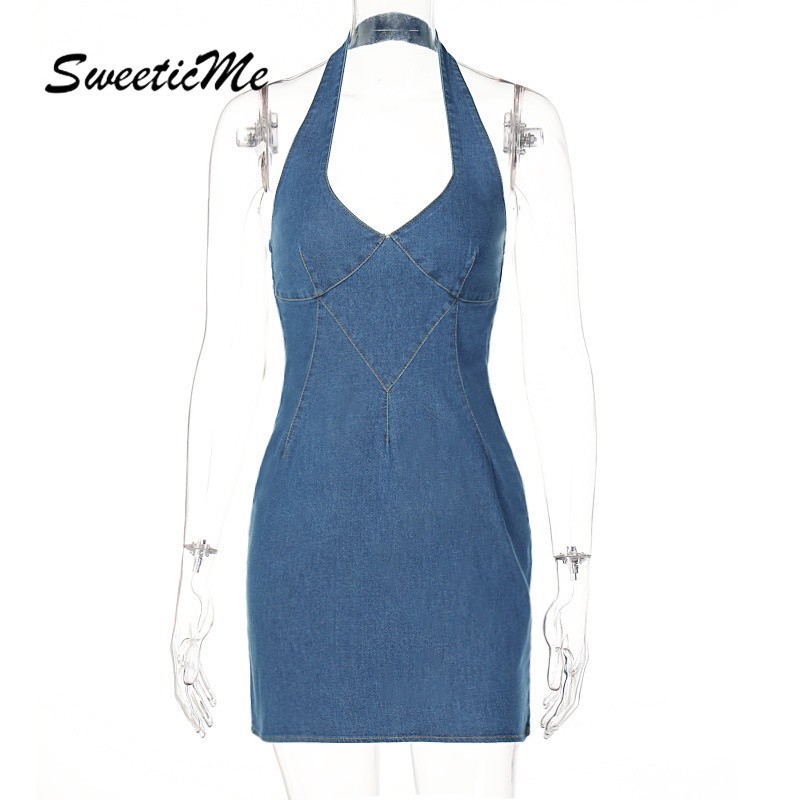 Đầm Dây Denim Cổ Yếm Có Khóa Kéo Kiểu Mới SweeticMe   Dành Cho Bạn Nữ