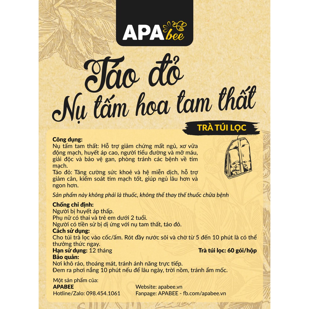 Trà táo đỏ nụ tấm hoa tam thất APABEE - Trà túi lọc 60 gói - Hỗ trợ giảm chứng mất ngủ, tăng cường sức khỏe hệ miễn dịch