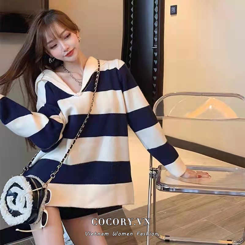 Cocory vn Áo len tay dài họa tiết sọc ngang thời trang dành cho nữ