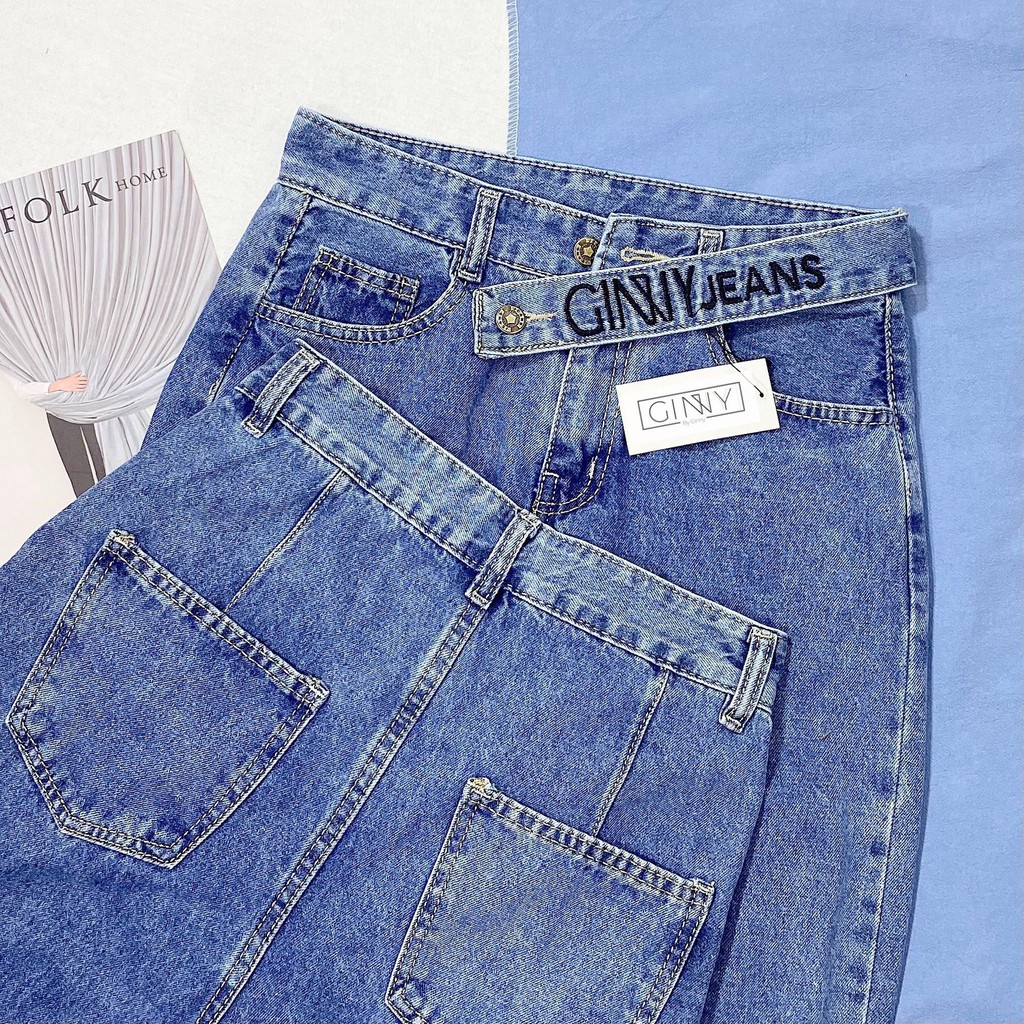 Quần Baggy Nữ Jean Hack Chân KHA-018 | Quần Baggy Jean Cạp Cao | Vải Jean Wash Xịn | Form Rộng