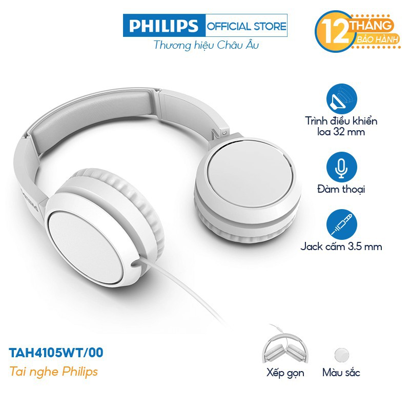 [Mã 229ELSALE hoàn 7% xu đơn 300K] Tai nghe Philips chụp tai TAH4105WT/00, Có mic - Màu trắng - Hàng Chính Hãng