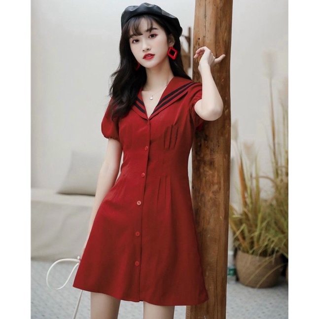 Đầm váy freesize đỏ viền cổ đen
