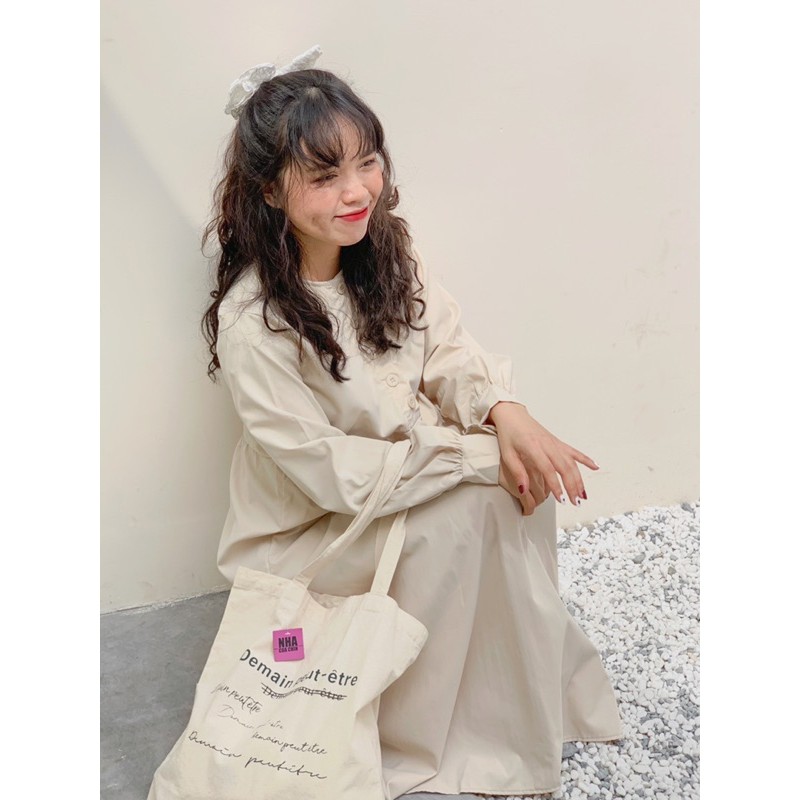 Đầm babydoll cúc trước màu be