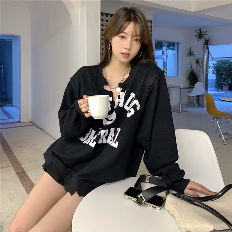 Áo len xám rách cổ chữ V dáng rộng thời trang mùa thu mới 2022