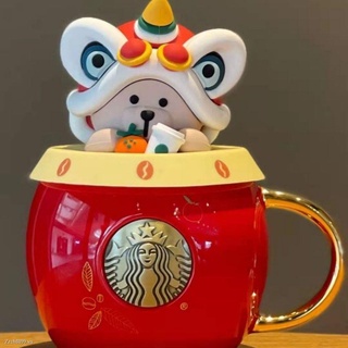 Cốc sứ uống nước starbucks 2021 có tay cầm màu vàng đồng