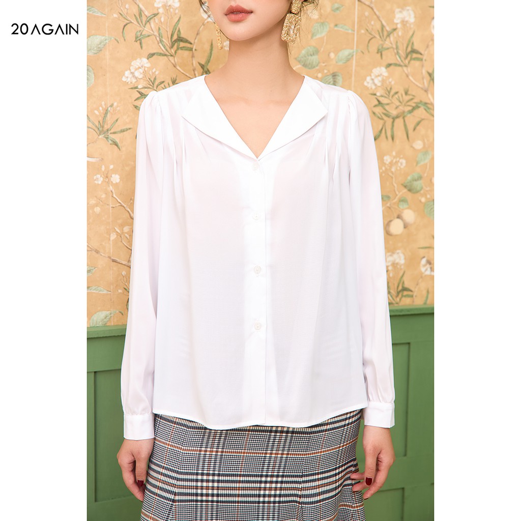Áo Sơ Mi Cổ Bẻ Basic 20AGAIN voan xanh-trắng nhẹ nhàng nữ tính ASA1762