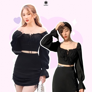 KOOKY HOUSE - ÁO JUHI ĐEN - Áo Croptop tay dài thiết kế nhún ngực thời trang và cao cấp