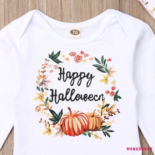 Áo Liền Quần Tay Dài In Hình Quả Bí Ngô Halloween Cho Bé Gái