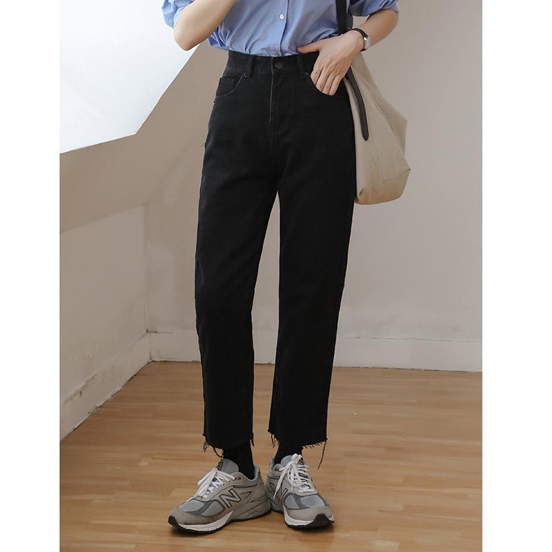 IELGY Quần Jean Nữ Cạp Cao Ống Đứng Màu Đen Dễ Phối Đồ Phong Cách Hàn Quốc