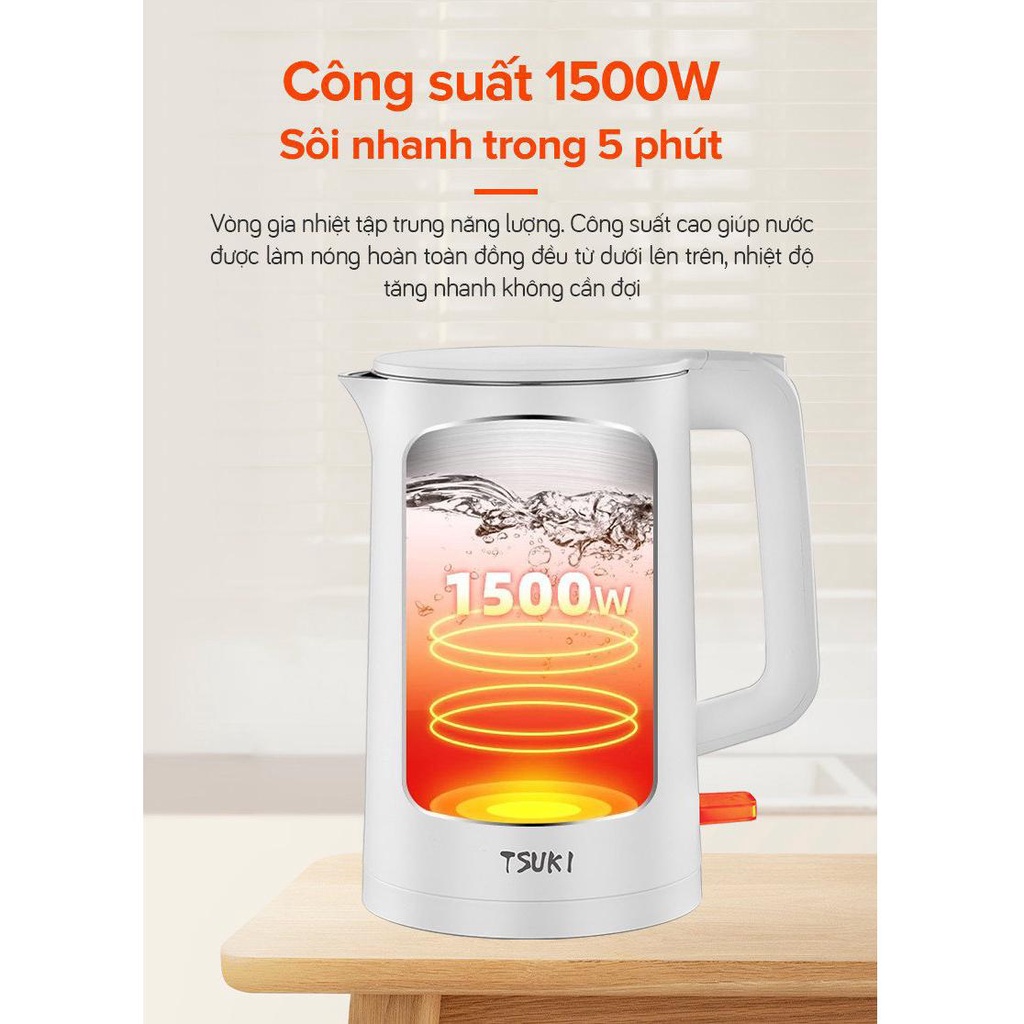 Ấm siêu tốc 2 lớp 1.5L Tsuki TS-DS01-W lòng ấm bằng inox 304 đúc nguyên khối, tự ngắt điện an toàn khi đun cạn nước