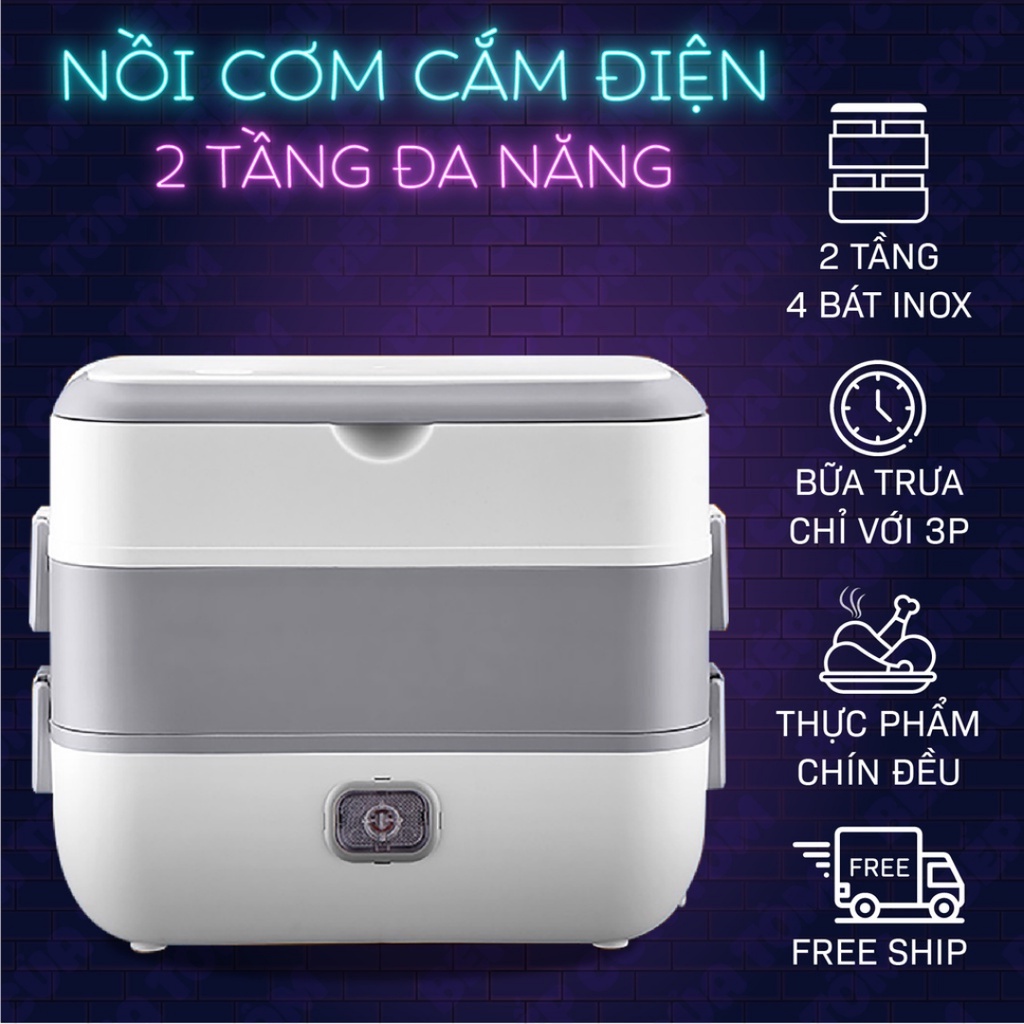 Hộp Cơm Cắm Điện Văn Phòng 2 Tầng 4 Bát Inox Có Chức Năng Giữ Nhiệt Tiện Dụng, Hâm Nóng Và Tự Nấu Chín Thức Ăn Đa Năng