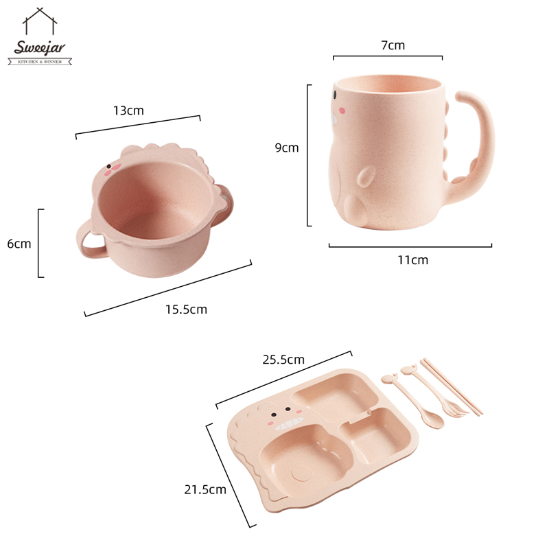 Cốc/Tô/Dĩa + muỗng + nĩa + đũa SWEEJAR chất liệu rơm lúa mì thiết kế hình khủng dễ thương cho bé